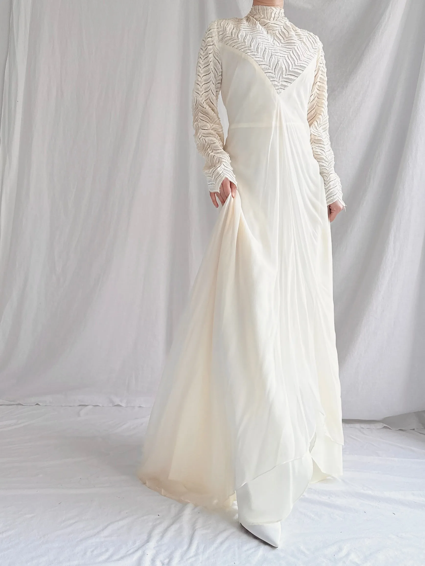 Vintage Silk Illusion Long Sleeve Gown - M