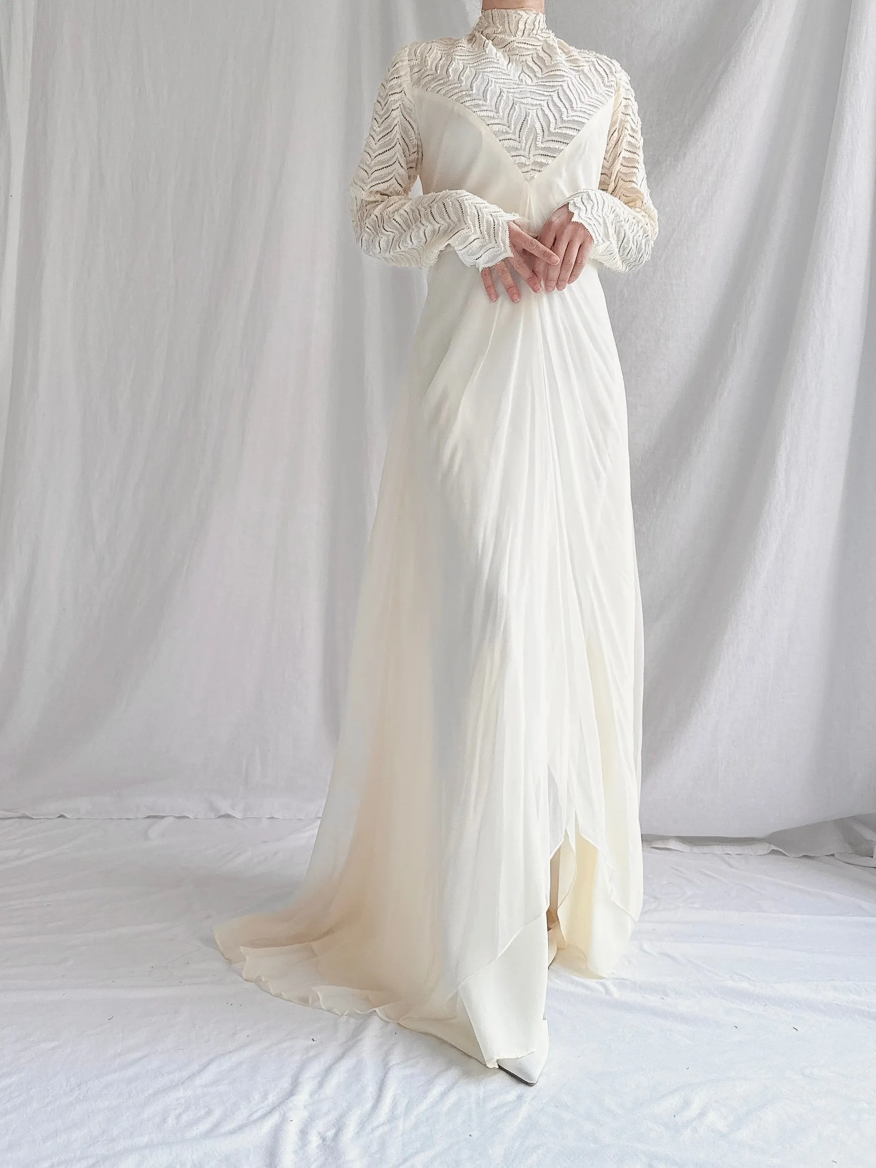 Vintage Silk Illusion Long Sleeve Gown - M