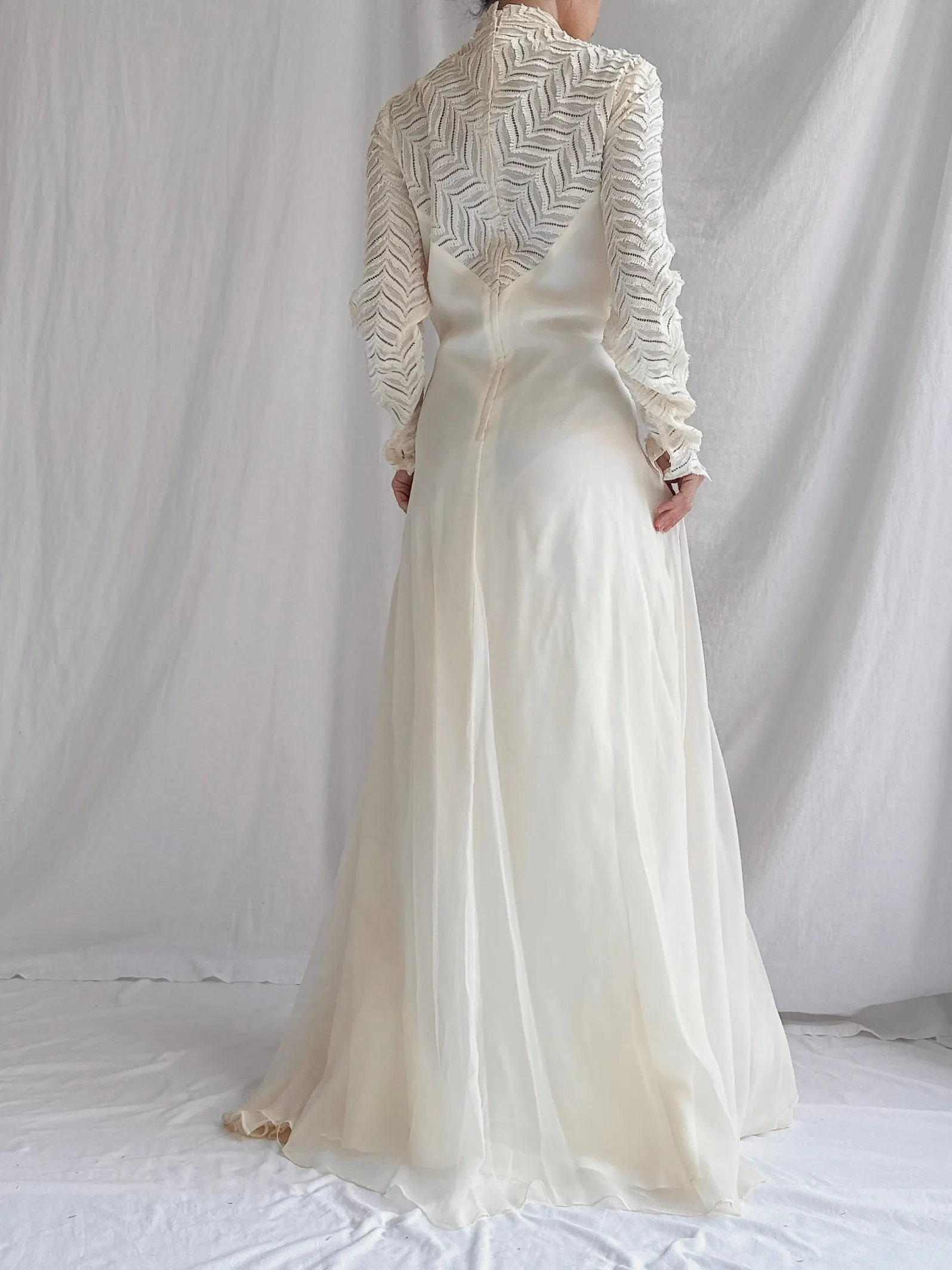 Vintage Silk Illusion Long Sleeve Gown - M