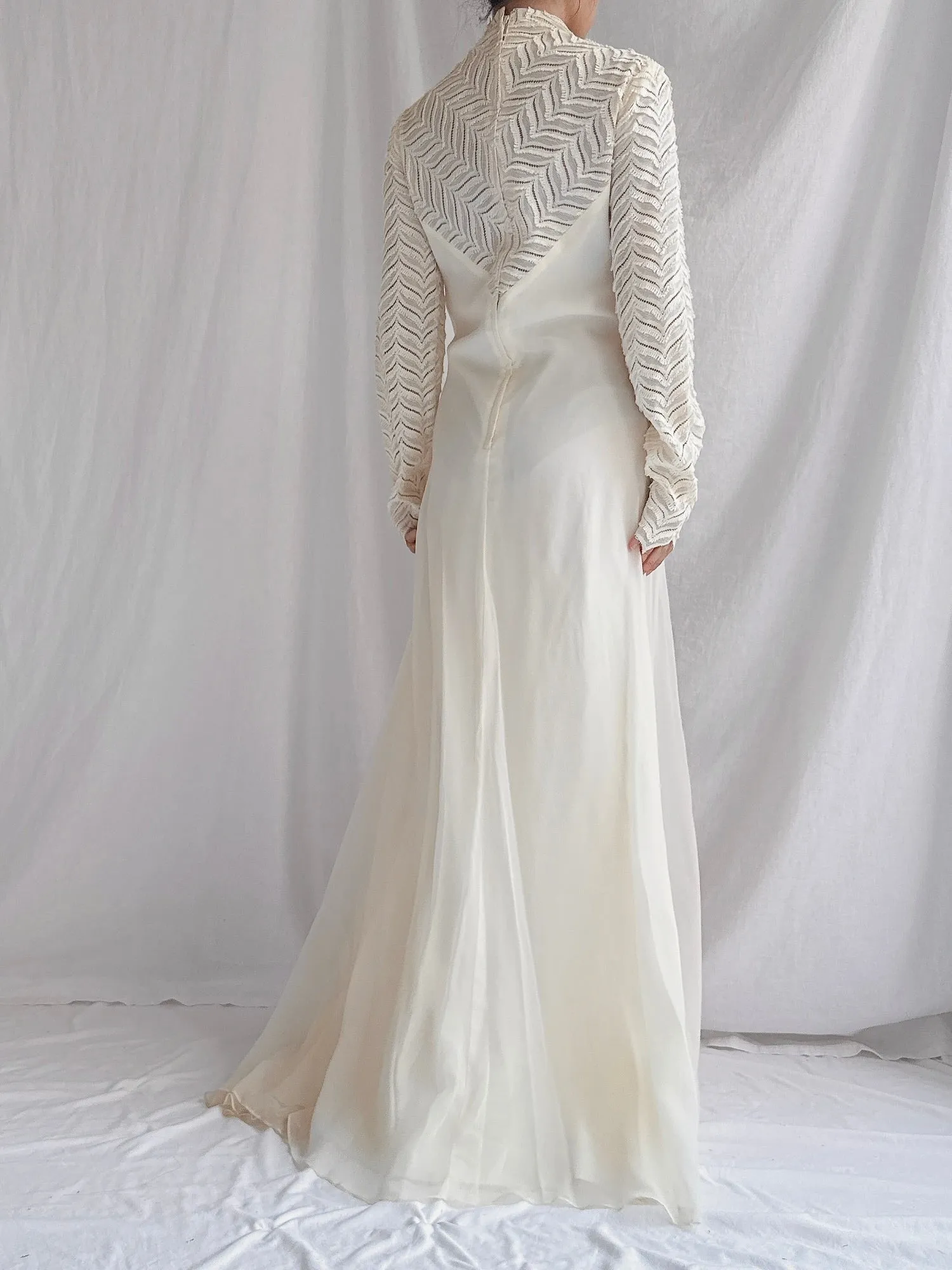 Vintage Silk Illusion Long Sleeve Gown - M