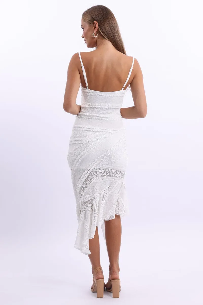 White Midi Dress Asymmetric Hem Lace
