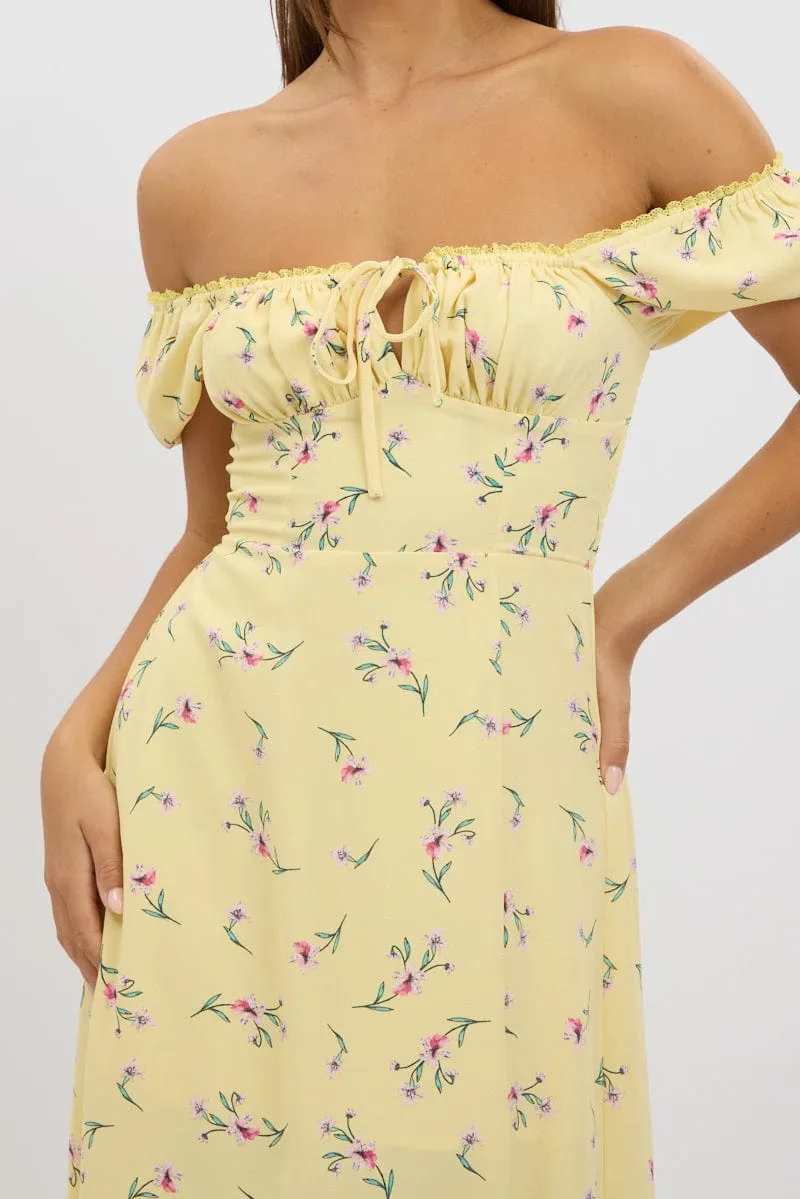 Yellow Floral Midi Dress Ruched Bust