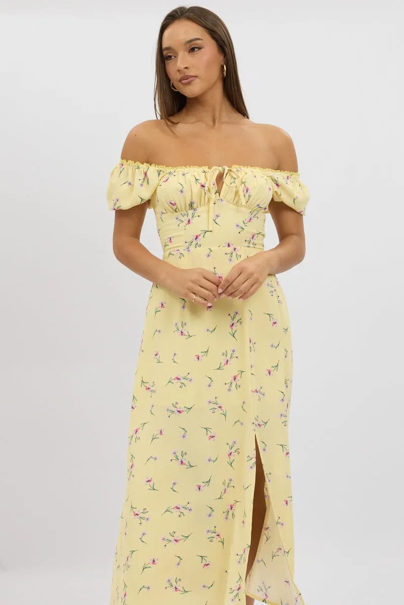 Yellow Floral Midi Dress Ruched Bust
