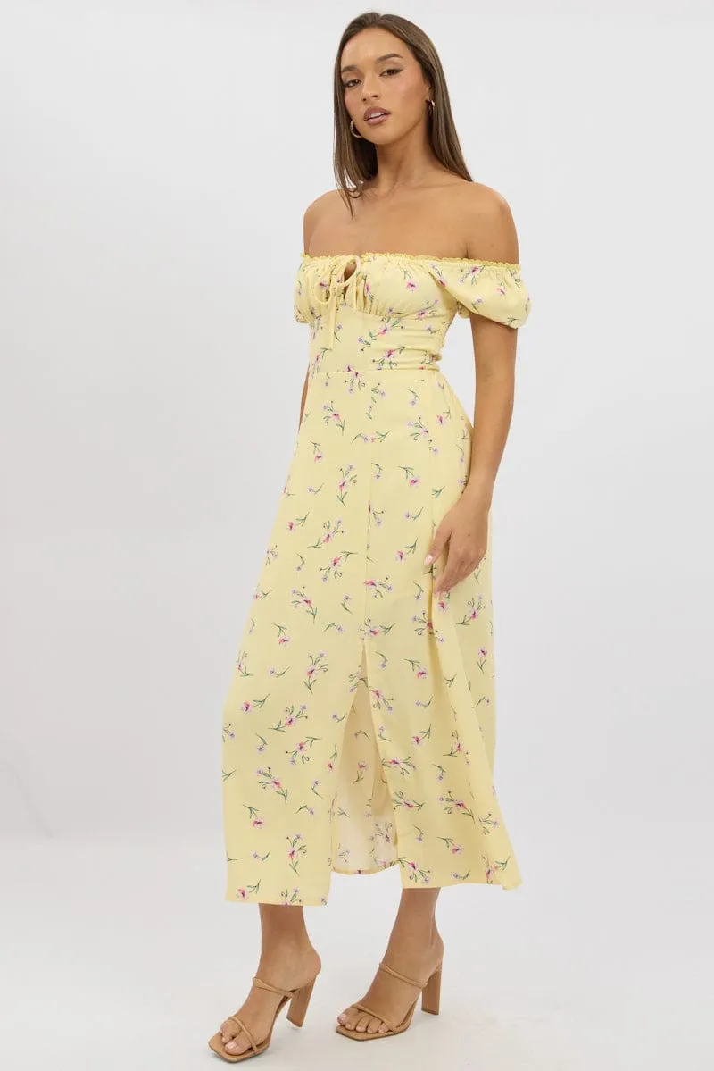 Yellow Floral Midi Dress Ruched Bust