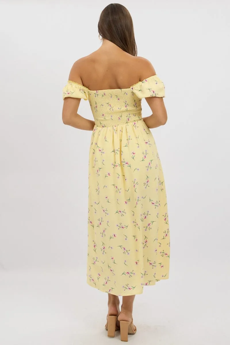 Yellow Floral Midi Dress Ruched Bust