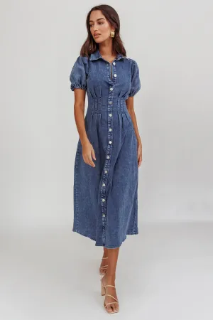 Zurich Pleated Waist Midi Dress Denim Dark Blue